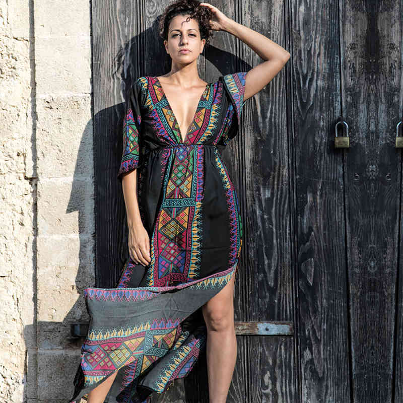 100% Cotton Tunic Pink Indie Folk Print Plus Size Kaftan Sexy Deep V-neck V-back Beach Dress Women Beachwear Swim Cover-ups Q645 210420