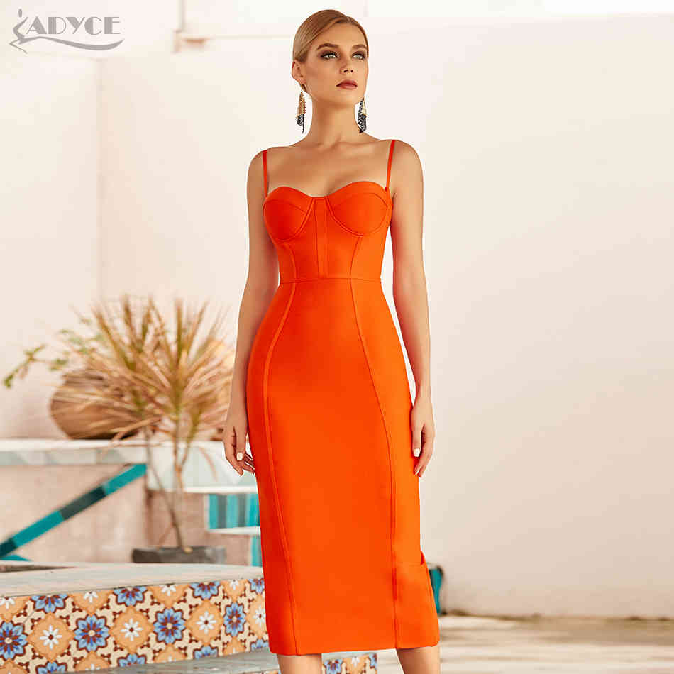 Adyce New Summer Women Sleeveless Bandage Dress Sexy Spaghetti Strap Orange Bodycon Evening Runway Club Party Dress Vestido 210331