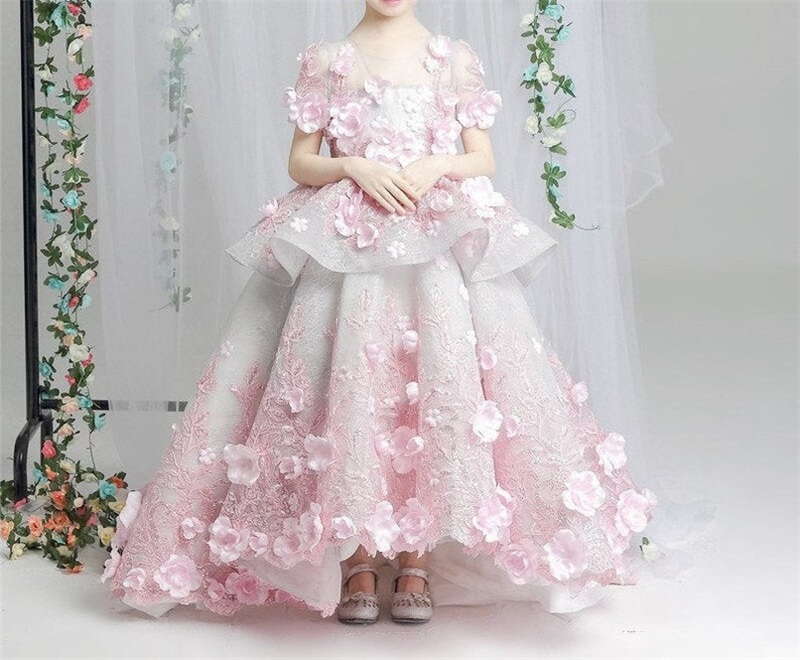 Light Pink Flower Girl Dress Tiered Tulle 3D Floral Appliqued Lace Up Ruched Cute Elegant Custom Made Sweep Train Birthday Gowns Pageant Wedding Wear