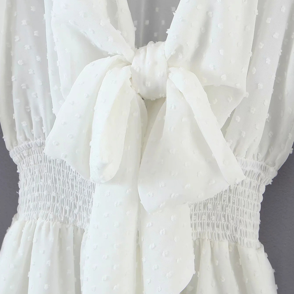 BBWM Elegant White Bowknot Ruffle Waist Elasticity Dress Lantern Long Sleeve Mini Women V Neck Casual 210520