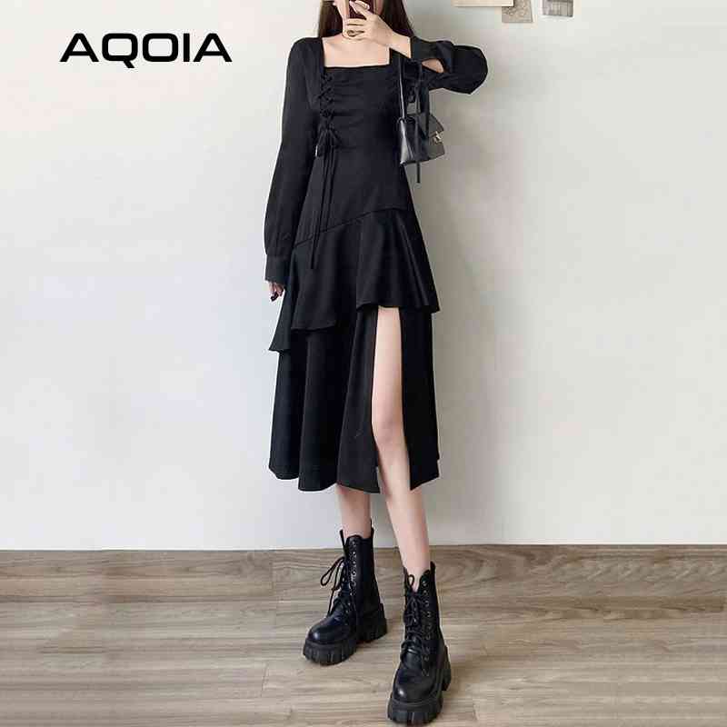 Summer Gothic Black Bandage Women Dress Street Style Long Sleeve Cascading Ruffle Double Layer Lolita Ladies Dresses 210521