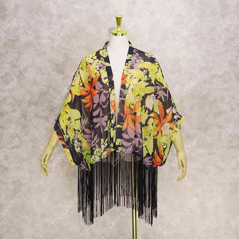 Boho Floral Printed Fringed Chiffon Bikini Cover-ups Plus Size Beach Wear Kimono Dress Women Summer Swimsuit Cover Up A799 210420