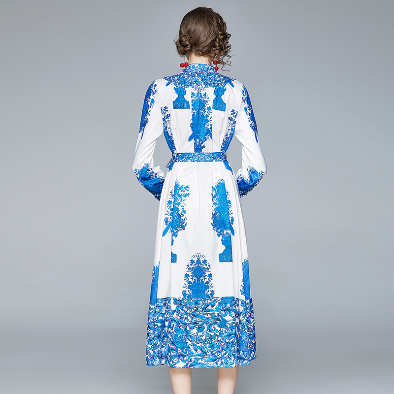 Fashion Runway Spring Dress Women Elegant Blue White Porcelain Print Sexy Ladies Vintage Party Shirt Long Dress Vestidos 210525