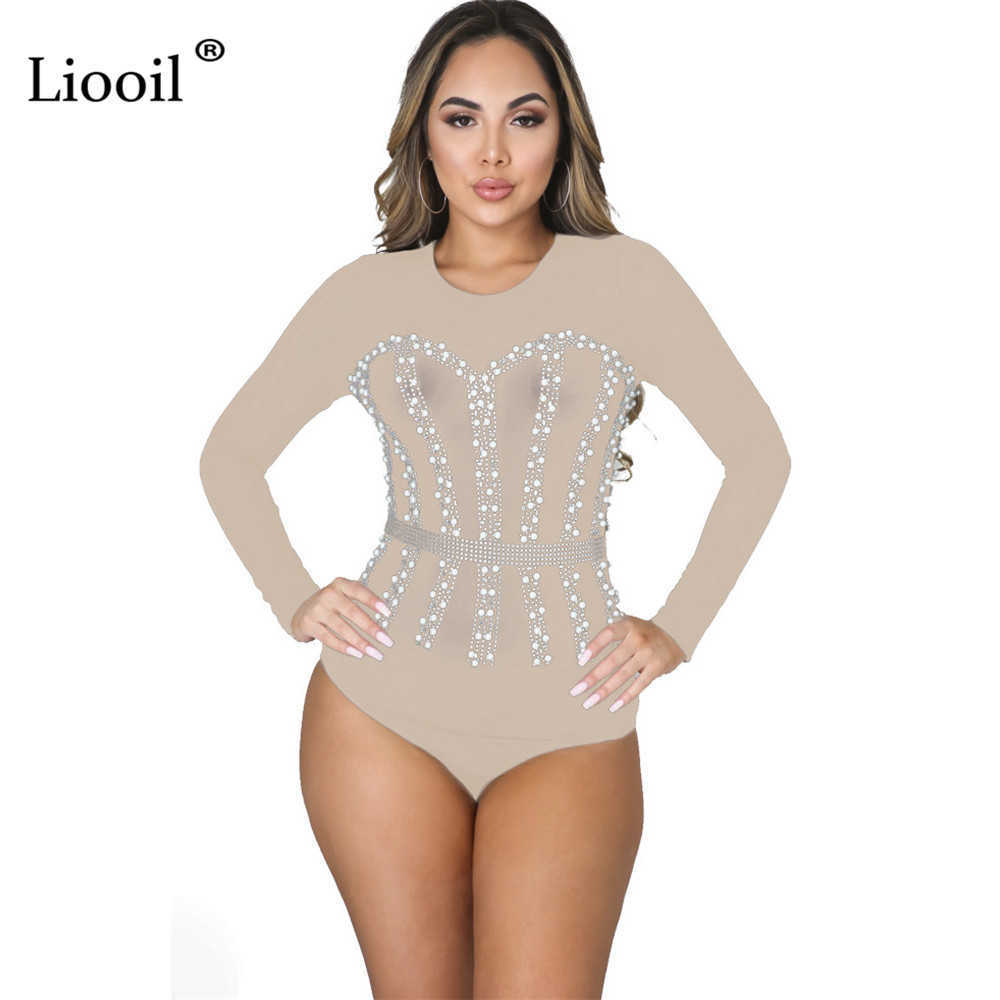 Liooil Mesh Sheer Bodysuits Sexy Tight Body Suit Top Long Sleeve See Through Bodycon Rompers Diamond Jumpsuits 210622