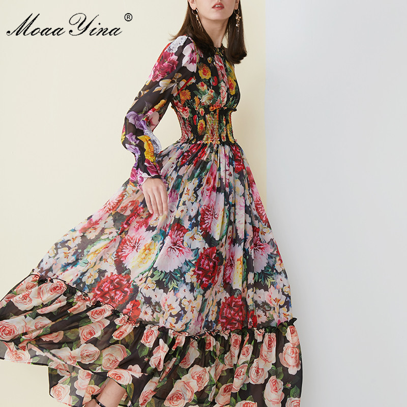 High Quality Women's Summer Beach Chiffon Ruffled collar Dress Elegant Elasticity Waist Print Runway Maxi Long 210524