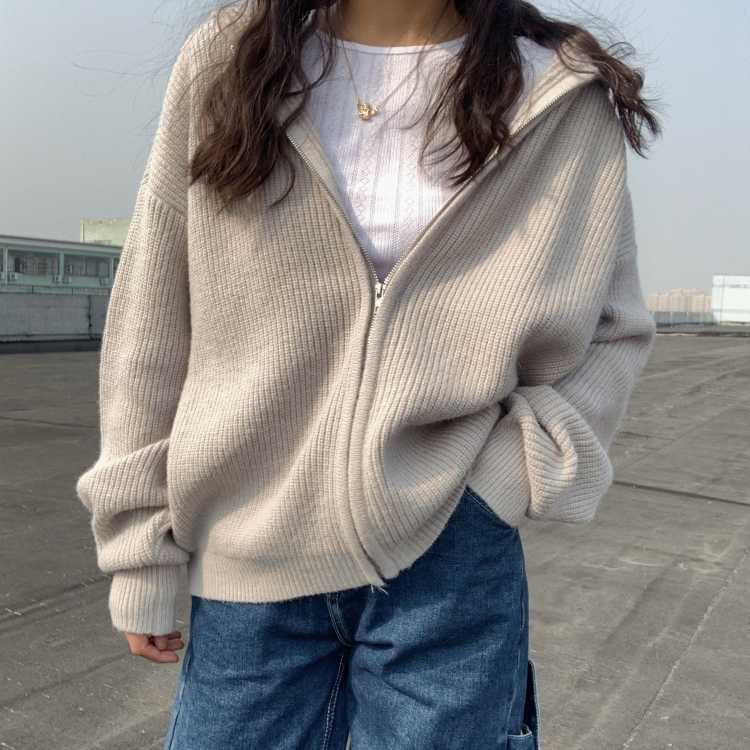 Women Drop Shoulder Zip Up Slouchy Knit Hooded Cardigan Chunky Relaxed 210914