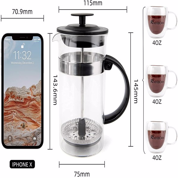 Bar Products Mini French Press Coffee Maker 12 oz , Small 350 ml, Camping , Heat Cold Coffee Brewer with Spoon and Brush (Classic Style)