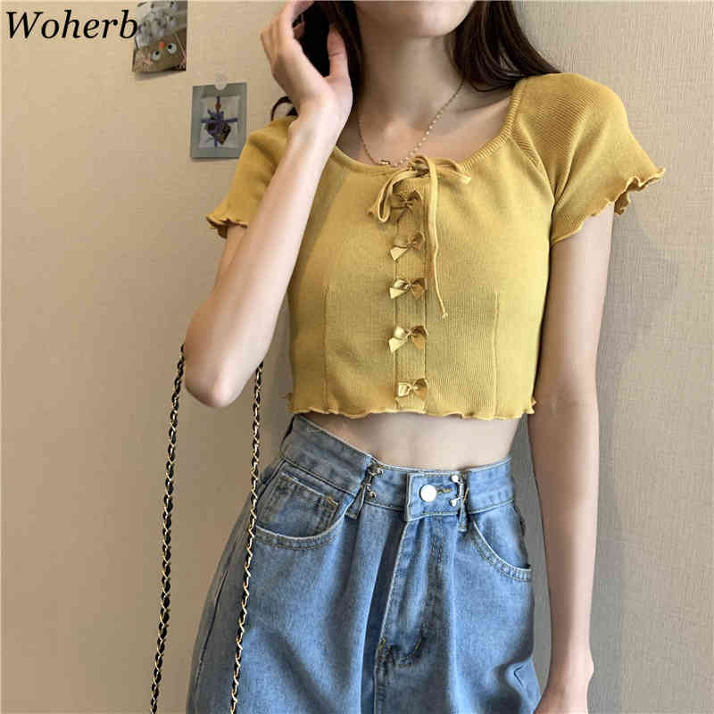 Short Sleeve Crop Top Women Thin Knitwear T-shirt Korean Chic Bow Bandage T Shirts Loose All Match Stylish Tee Tops 210422