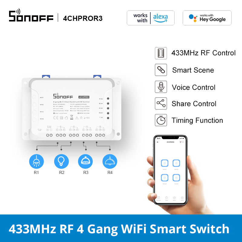 SONOFF 4CHPROR3 4 Gang Intelligent Wireless RF Controll Module Breaker Wifi Smart Light Switch Works With RM433 Controller Via eWelink
SONOFF 4CHPROR3 4 Gang Intelligent Wireless RF Controll Module Breaker Wifi Smart Light Switch Works With RM433 Controller Via eWelink