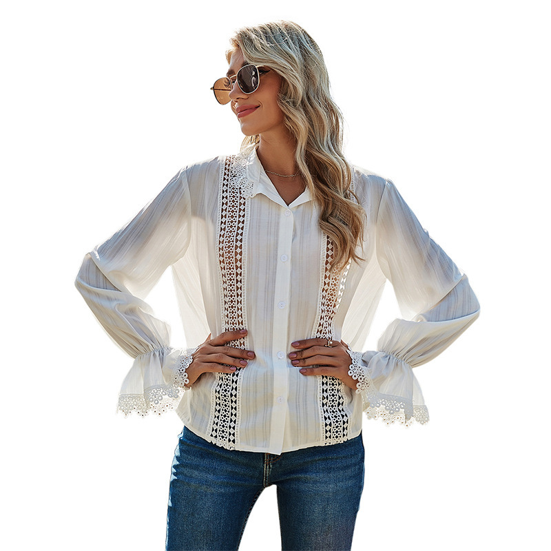Women Hollow Lace Patchwork Blouses Elegant Stand Neck Flare Long Sleeve White Shirts Spring Single Breasted Office Ladies Tops 210522