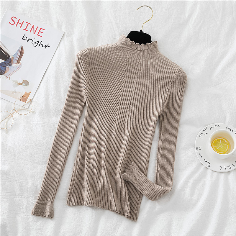 Knitted Women Ruffle Turtleneck Sweater Pullovers Casual Solid Autumn Winter Basic Womens Sweaters Slim Fit Jumpers 210519