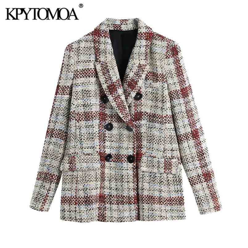 Women Fashion Double Breasted Check Tweed Blazer Coat Long Sleeve Pockets Female Outerwear Chic Tops 210420