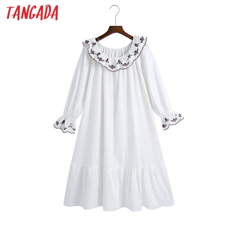 Women Embroidery Romantic Dress Ruffles Long Sleeve Females Midi Dresses Vestidos 6Z67 210416