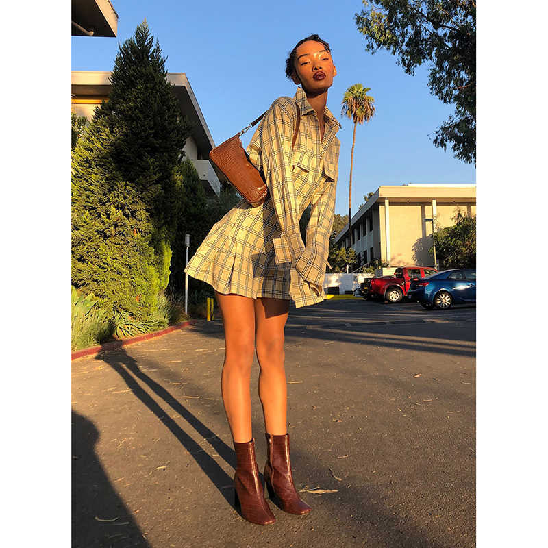 dress for women Plaid shirt pleated waist sexy French ruffled robe 210623