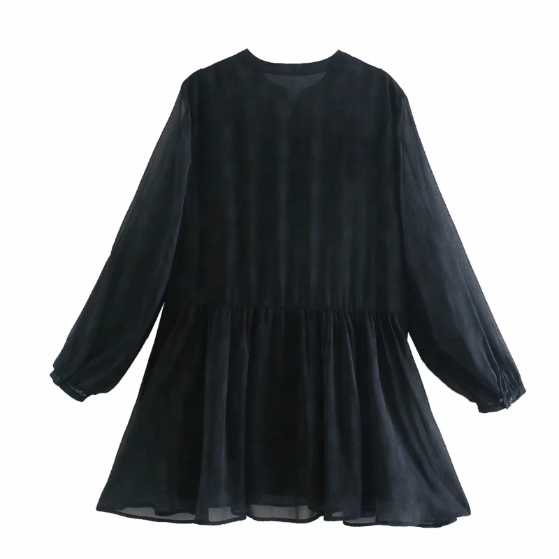 Women Flower Printing Chiffon Black Mini Dress Casual Female Long Sleeve Clothes Lady Loose Vestido D6929 210430