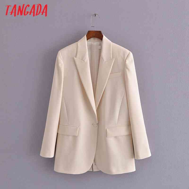 Women One Buttons Beige Blazer Coat Vintage Notched Collar Pocket Fashion Female Casual Chic Tops 3H262 210416