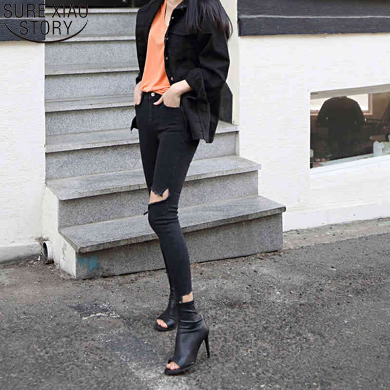 Black Ripped Holes High Waist Spring Summer Stretch Denim Pants Women Skinny Capris Female Pencil Jeans 10399 210417