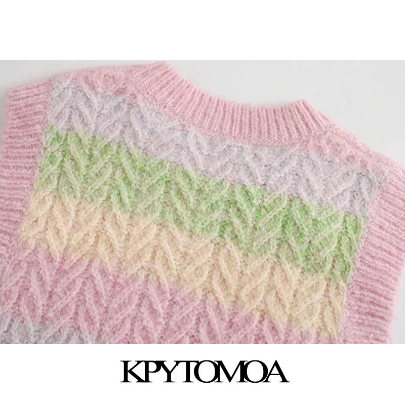 Women Sweet Fashion With Ribbed Trims Striped Vest Sweater O Neck Sleeveless Female Waistcoat Chic Tops 210420