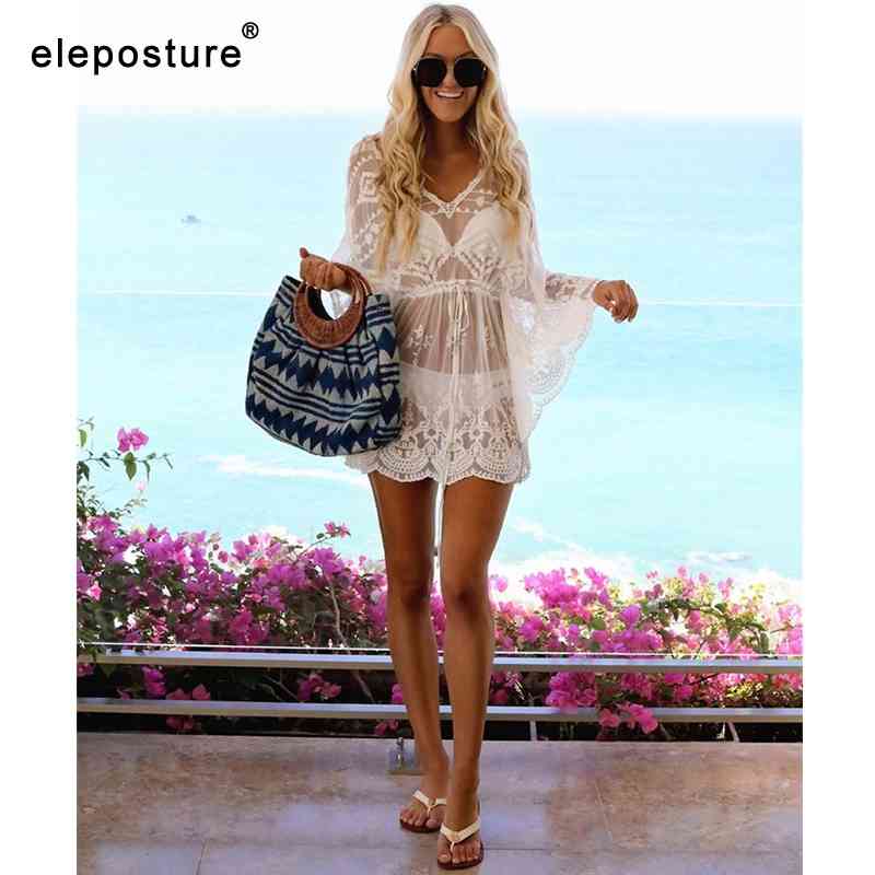 Sexy Mesh Beach Cover Up Lace Dress Women Bikini Swimsuit Cover-Up Long Sleeve Tunics Bathing Suits Cover-Ups 210521