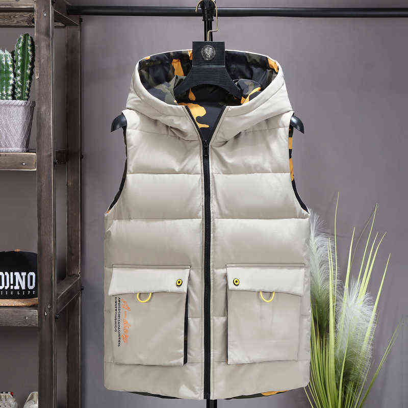 Winter Camouflage Vest Men Both Side Wear Thicken Warm cotton-padded Hooded Solid Color Big Pockets waistcoat 4XL 5XL 6XL 211111