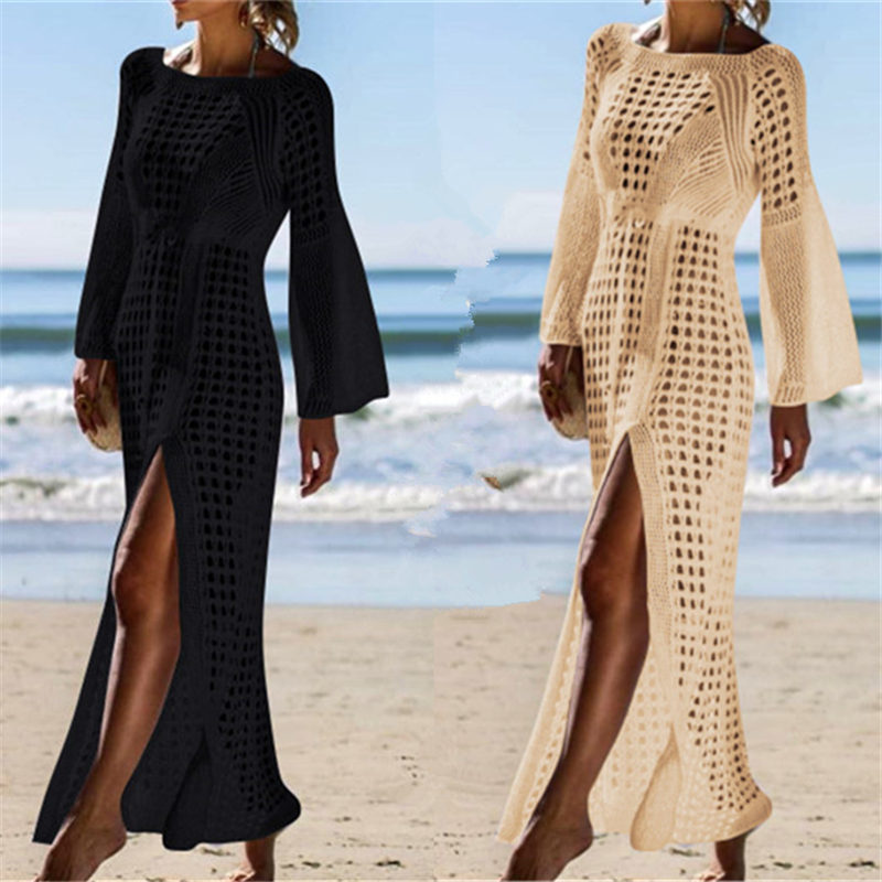Crochet Tunic Beach Dress Cover-ups Summer Women Beachwear Sexy Hollow Out Knitted Swimsuit Cover Up Robe de plage #Q716 210420