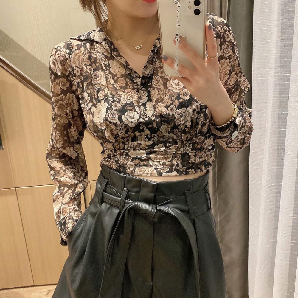 Women Fashion Metallic Thread Floral Print Cropped Blouses Long Sleeve Elastic Hem Female Shirts Chic Tops 210420