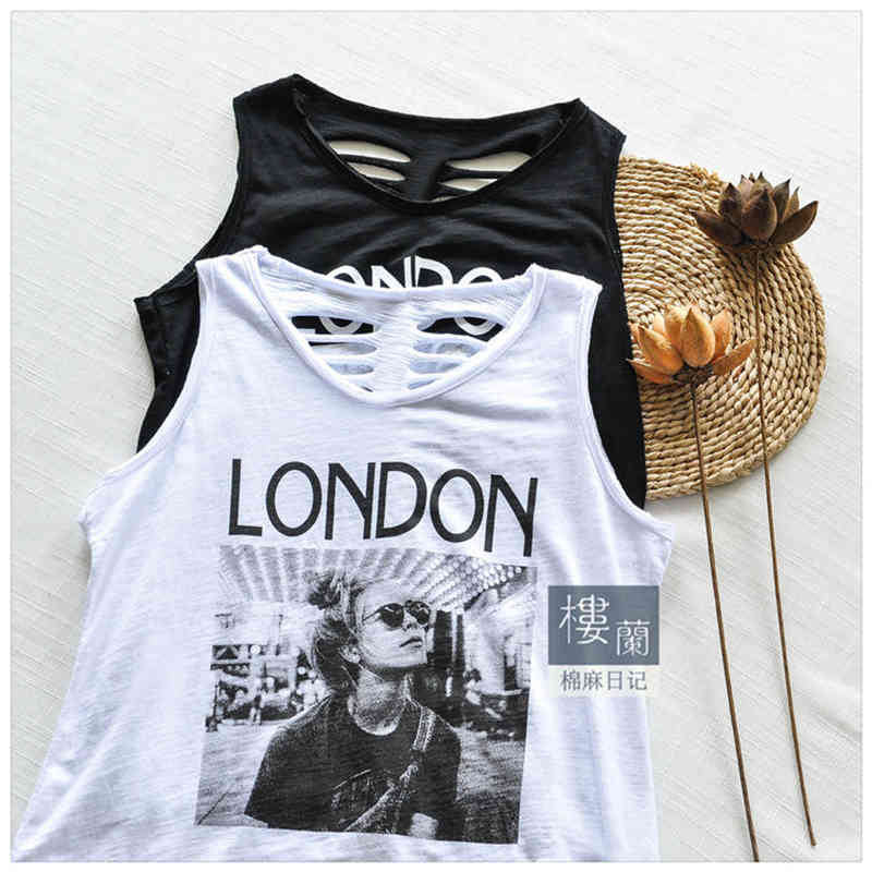 Arrival Summer Korea Fashion Women Sleeveless Loose V Neck Top Back Hole 100 Cotton Letter Print Casual Tank Tops M35 210512