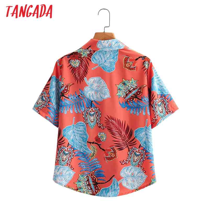 Women Retro Leaf Print Chiffon Shirt Summer Blouse Short Sleeve Chic Female Tops 1F138 210416