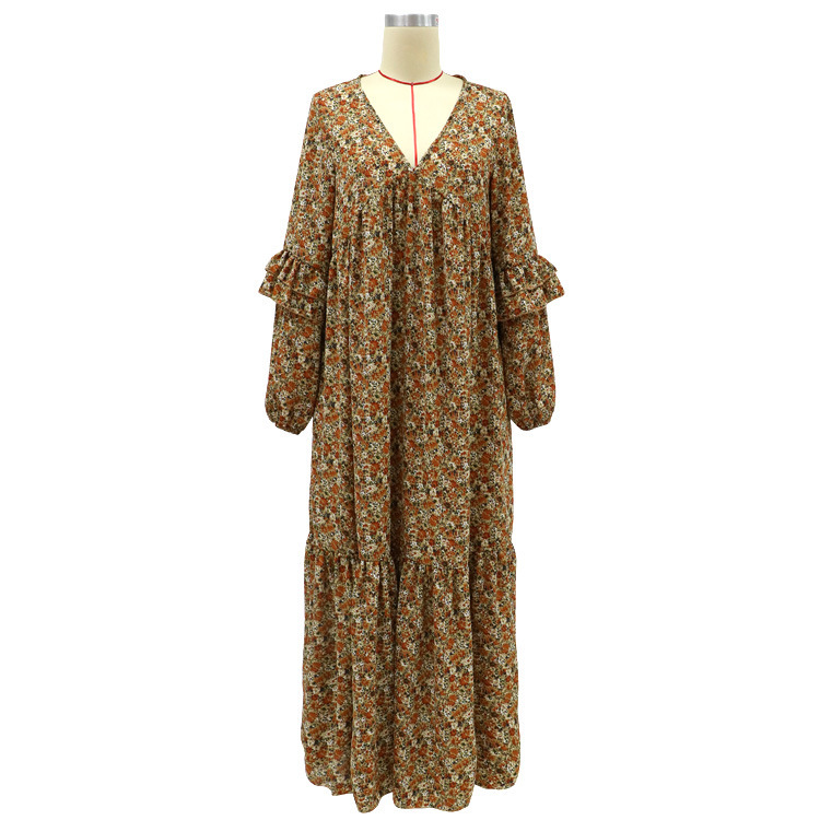 Foridol Floral Print Boho Long Maxi Dress Women V Neck Ruffle Vintage Casual Basic Winter Dresses Loose Dress 210415