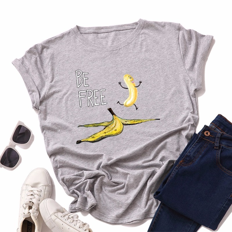 JCGO Summer Cotton Women T Shirt S-5XL Plus Size Short Sleeve Funny Free Banana Print Tee Shirt Tops Casual O-Neck Female TShirt 210406