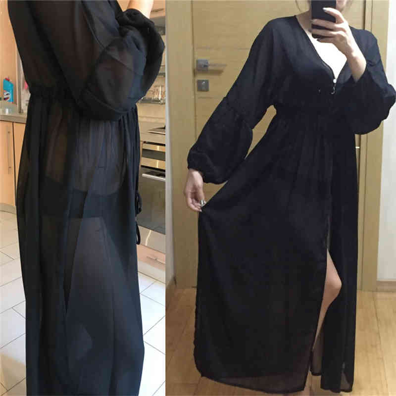 Beach Cover up Chiffon Black Robe Plage Sexy Women Kaftan Dress Pareos Swimwear Tunic Sarong Plus Size #Q331 210420