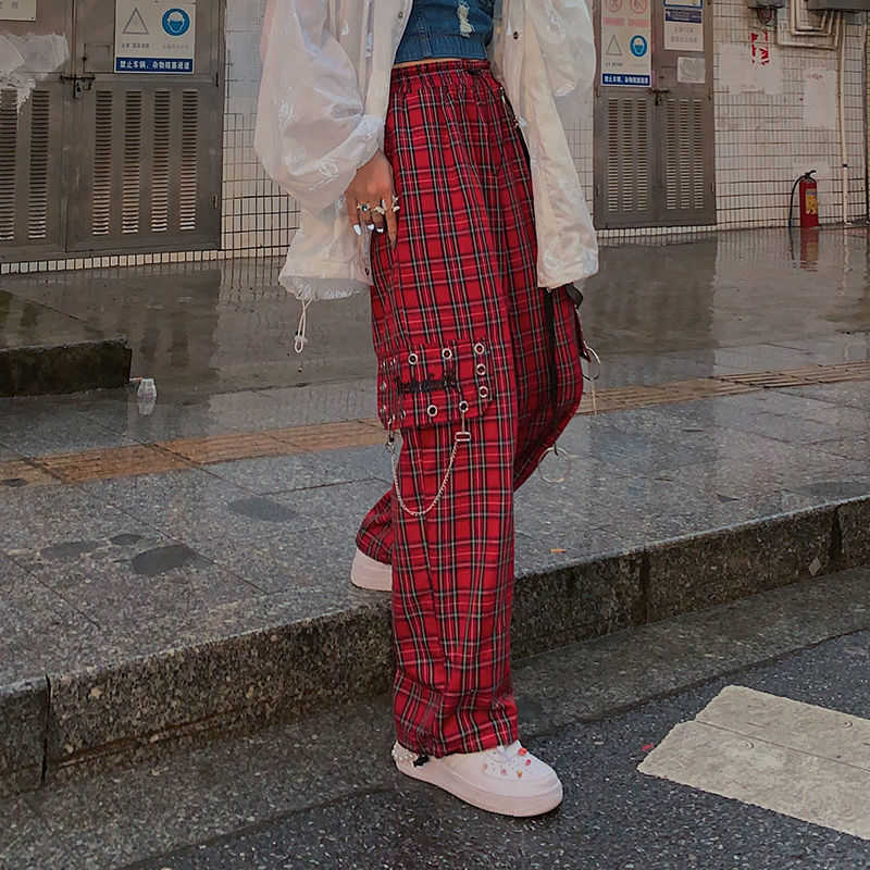 QWEEK Checked Trousers Women Japanese Streetwear Punk Cargo Pants Hippie Chain Harajuku Indie Y2K Aesthetic Hip Hop 211115