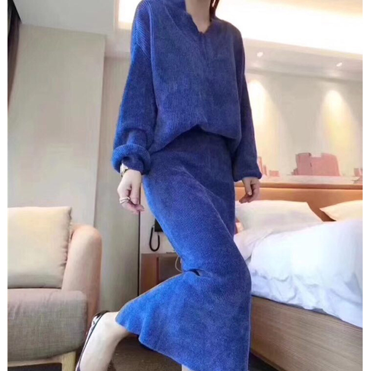 Fashion Autumn Women Two Piece Set Ladies knitting Hooded pullover Tops+high waist Midi Skirt Casual 210519