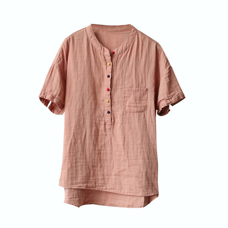 Summer Style Women Shirt Plus Size Short Sleeve Loose Casual Ladies Tops stand collar Button vintage cotton linen Blouse D140 210512
