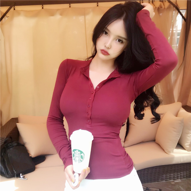 Spring Lady Black Solid red v neck sexy Slim Fit Tee Women Highstreet Casual Long Sleeve Tshirt Tops female girl t shirt 210420