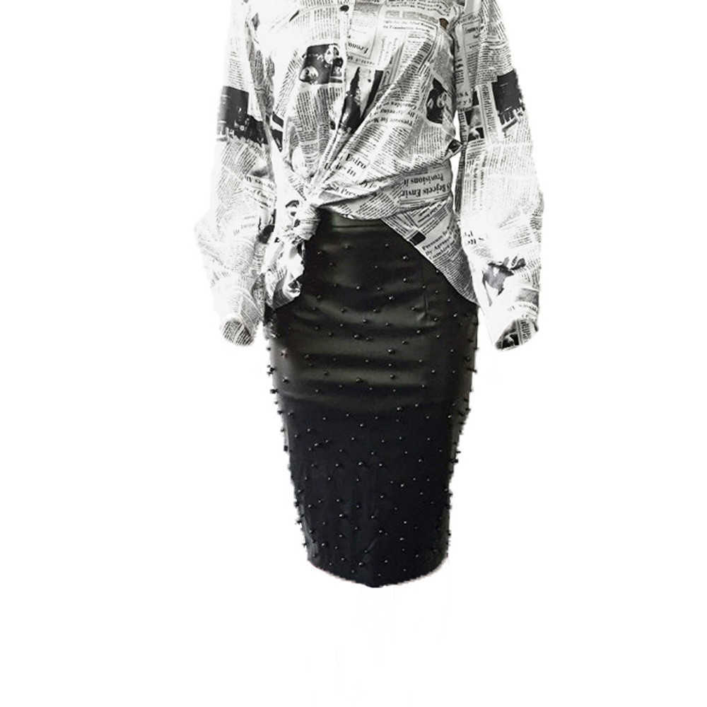 Women High Waist Beading PU Faux Leather Pencil Skirt Sexy Club Bandage Faldas Jupe 210619