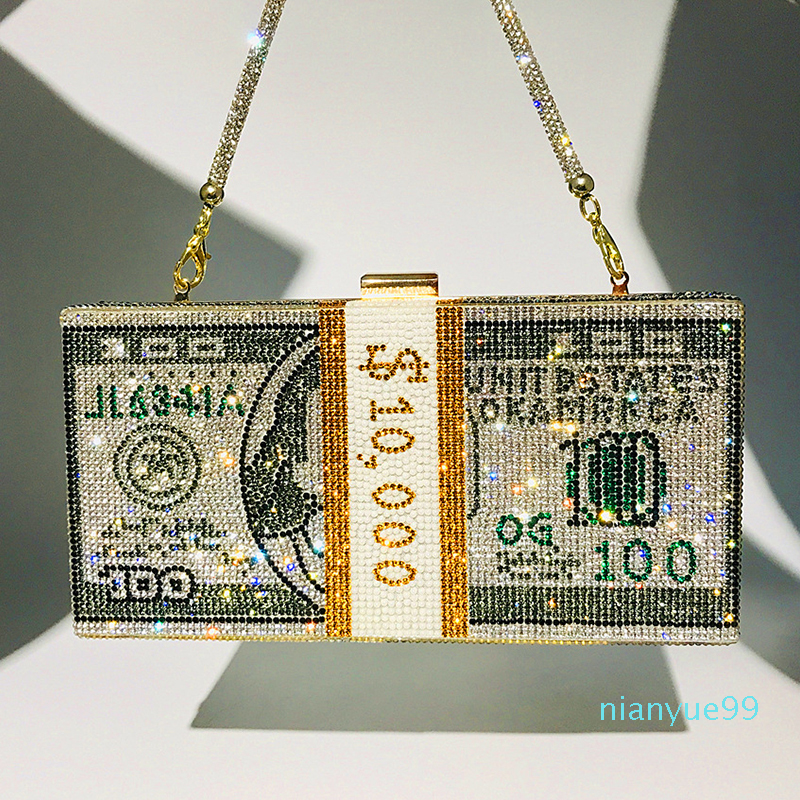 Fashion Money USD Diamond Evening Bags Dollars Design Shoulder Crystal Rhinestone Party Bag Wedding Dinner Women Q1206