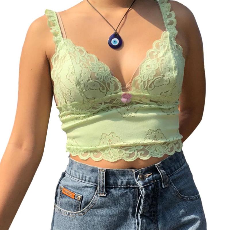 Women Sexy Camisole Adults Casual Butterfly Pattern V-neck Lace Trim Tank Top (Green) Women's Tanks & Camis