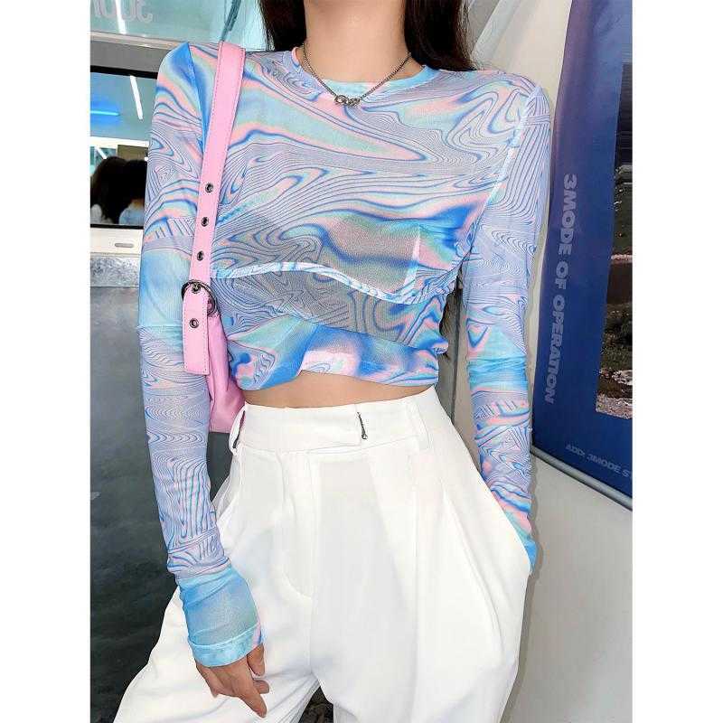 Yedinas Laser Color Tie Dye Crop Top Women Rainbow Gradient Long Sleeve T Shirts Futuristic Y2k Aesthetic Tops E Girl Dazzle Tee 210527