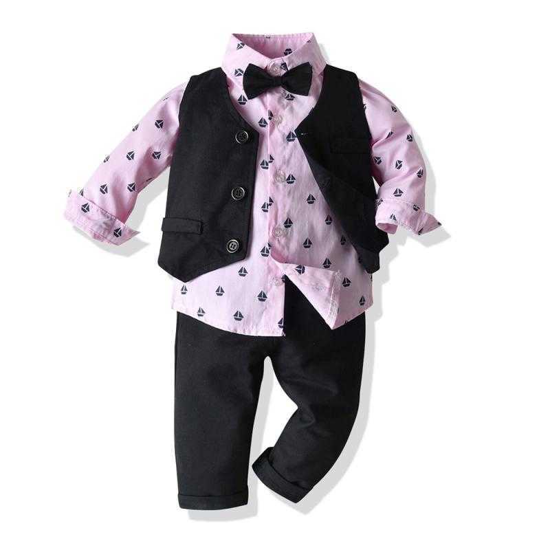 Kids Boy Gentleman Clothing Set born Long Sleeve Bowtie Shirt + Waistcoat Pants Baby Boys Outfits Suit for Wedding Party 210615