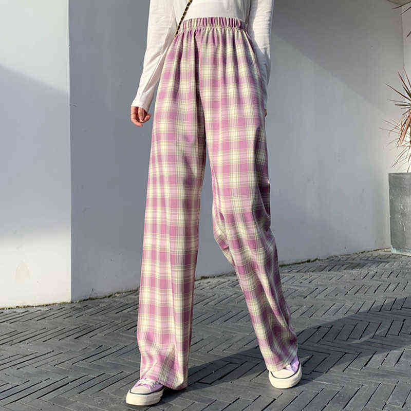 INS Baggy Blue Pants Lady Oversized Wide Leg Plaid Slacks Harem Student Autumn Purple Pink Long Flare Trousers 211115