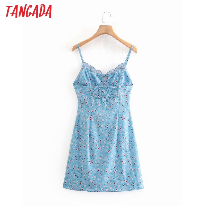 Summer Women Blue Floral Mini Sleeveless Strap Ladies Dress Vestidos XN324 210416