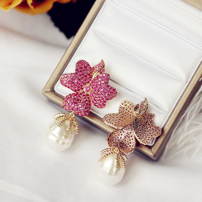 Fashion Rose red Big Flower Full stone Setting Irregular Pearl Drop Earring Party Jewelry Gift Wedding bride Accessories 210624