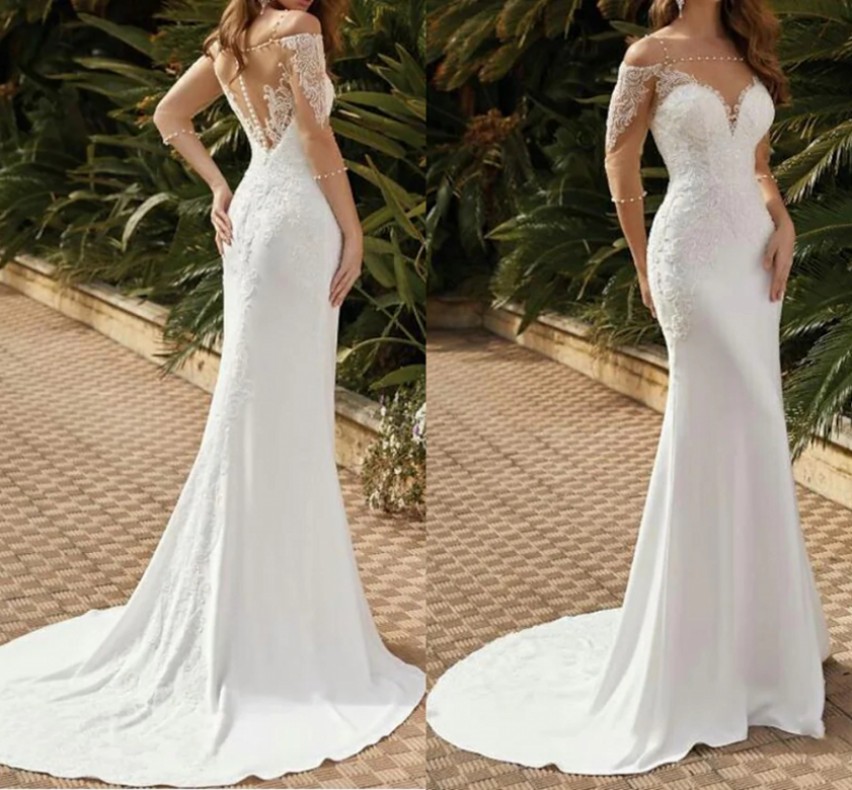 Sexy See-Through Mermaid Wedding Dresses Square Pearls Sweep Train Lace Satin Tulle Half Sleeve Bridal Gown Vestidos De Novia Custom Made 2022