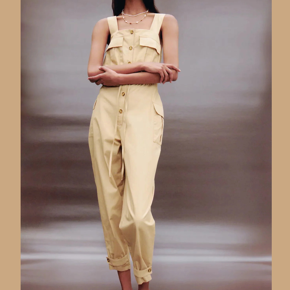 BBWM Summer Tooling Style Waist Tie Jumpsuits Romper Women High Fashion Female Button Female Casual Overalls 210520