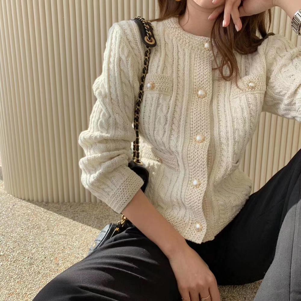 Autumn Winter twist Knitted Sweater Tops Women Office OL Elegant Long Sleeve Pearl Button casual Slim Cardigan Coat 210519