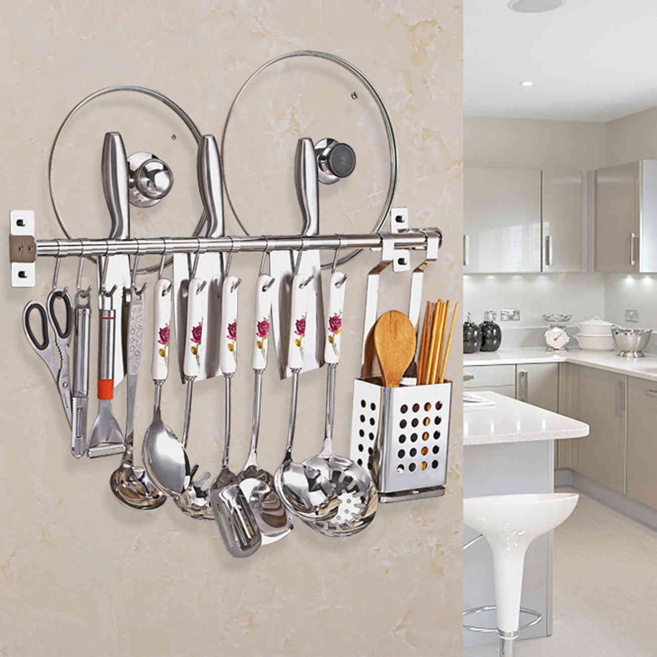 Stainless Steel Kitchen Storage Rack Wall Mounted Pan Pot Racks Kitchen Utensils Hanger Organizer Rail Rack Home Storage Hooks