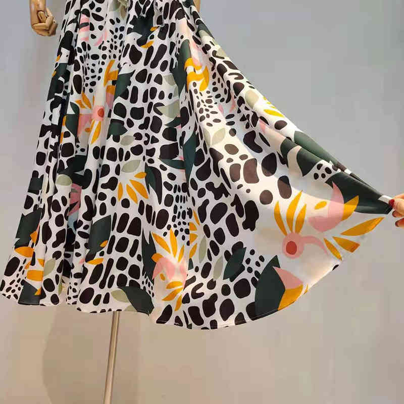 VGH Print Sling Dress For Women V Neck Sleeveless High Waist sashes slim Hit Color Summer Casual Dresses Female Fashion 210421