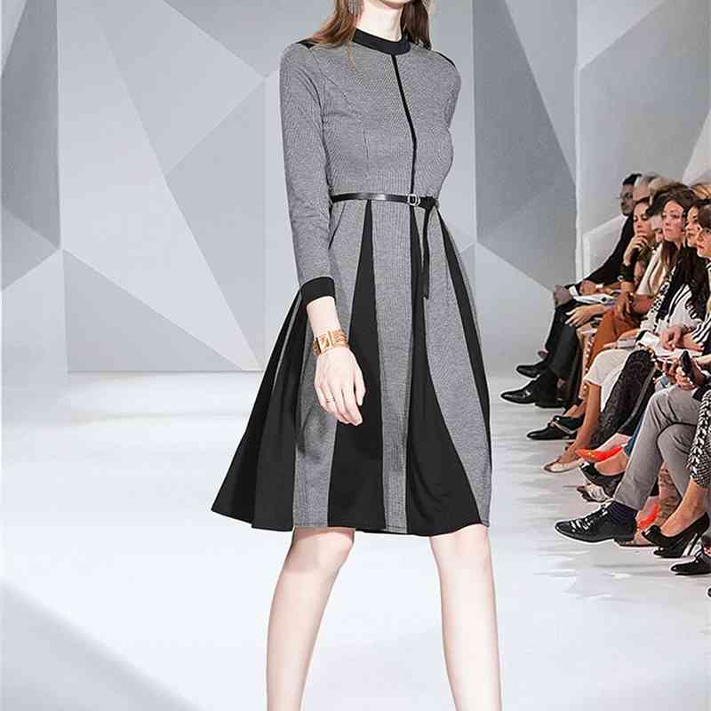 Spring Houndstooth Dress Elegant Long Sleeve Slim Vintage Pleated es Wome Casual Party Vetidos Runway 210520