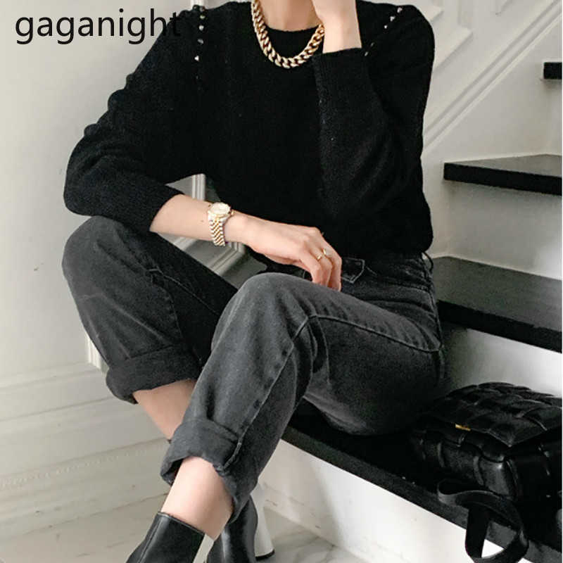 Chic Vintage Rivet Women Sweater Winter Thick ONeck Pullovers Korean Long SleeveKnited Sweaters Casual Loose Tops 210601